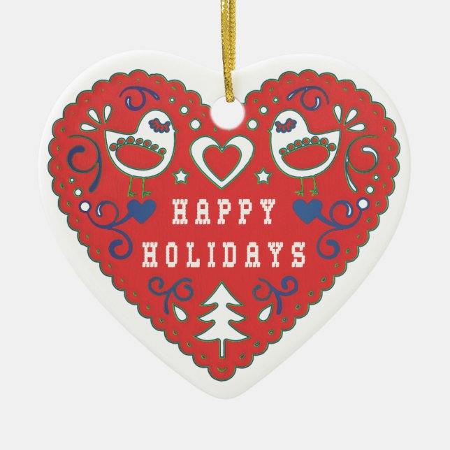 Happy Holidays Red Folk Art Heart Keramik Ornament (Vorne)