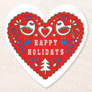 Happy Holidays Red Folk Art Heart Untersetzer
