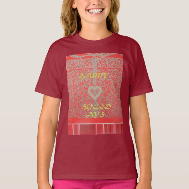 Happy Holidays Red Glitzer Herzdesign T-Shirt (Vorderseite)
