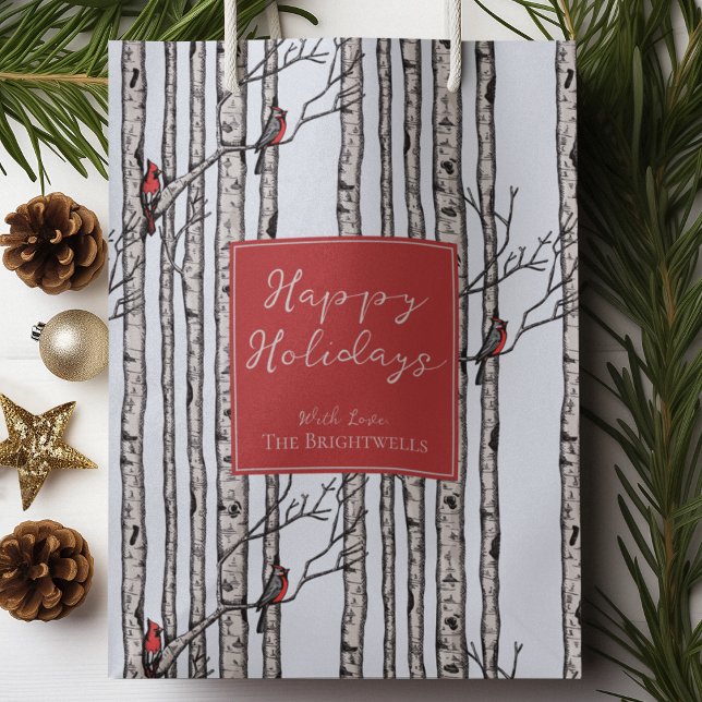 Happy Holidays Red Kardinals Birch Forest Mittlere Geschenktüte (Pretty and Modern Hand Drawn Red Cardinals on Birch Tree Branches in Black Ink on a Blue Background.)