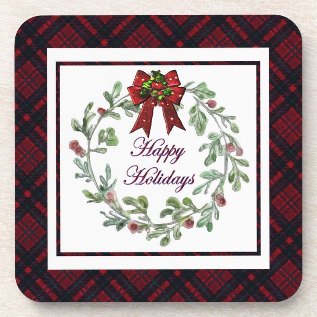 Happy Holidays Red Kariert Getränkeuntersetzer (Vorderseite)