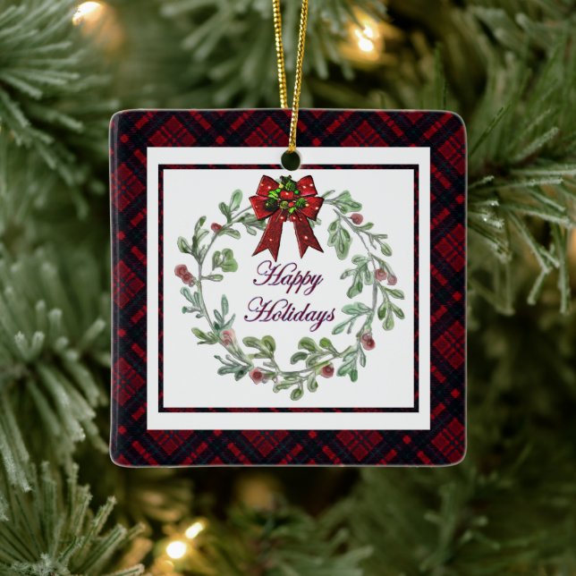 Happy Holidays Red Kariert Keramikornament (Baum)