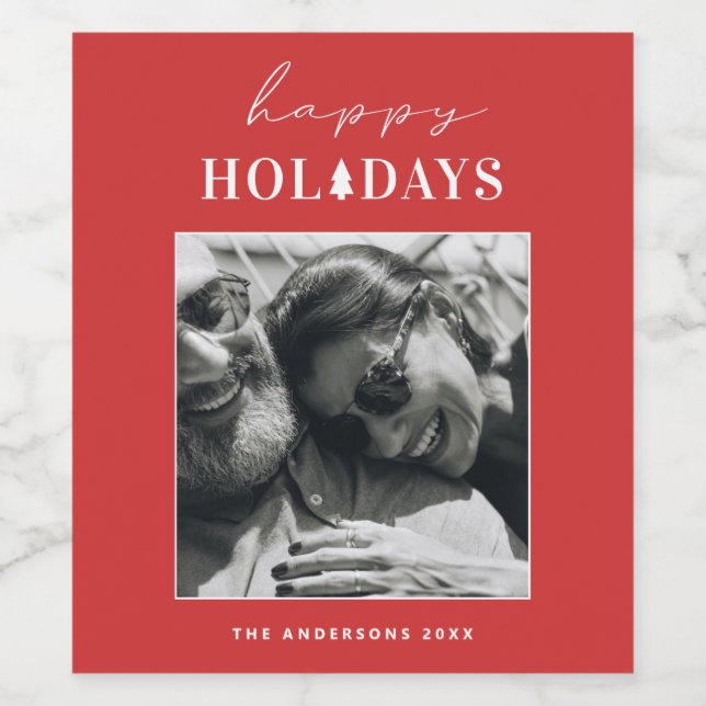 Happy Holidays | Red Modern Christmas Winter Foto Weinetikett (Einzelnes Label)