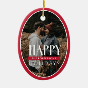 Happy Holidays Red Oval Frame Foto Card Keramik Ornament