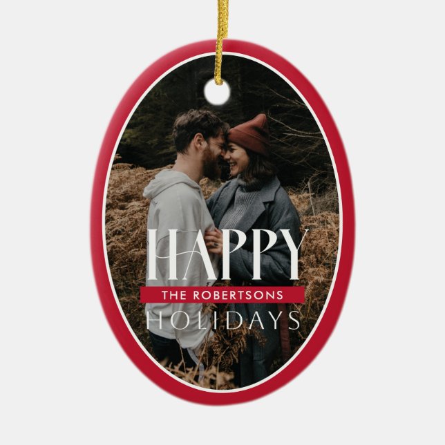 Happy Holidays Red Oval Frame Foto Card Keramik Ornament (Vorne)