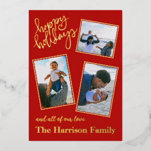 Happy Holidays Red Personalisiert 4 Foto Gold Folien Feiertagskarte
