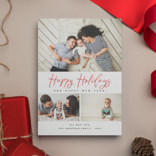 Happy Holidays Red Script 3 Collage Multi-Foto Feiertagskarte