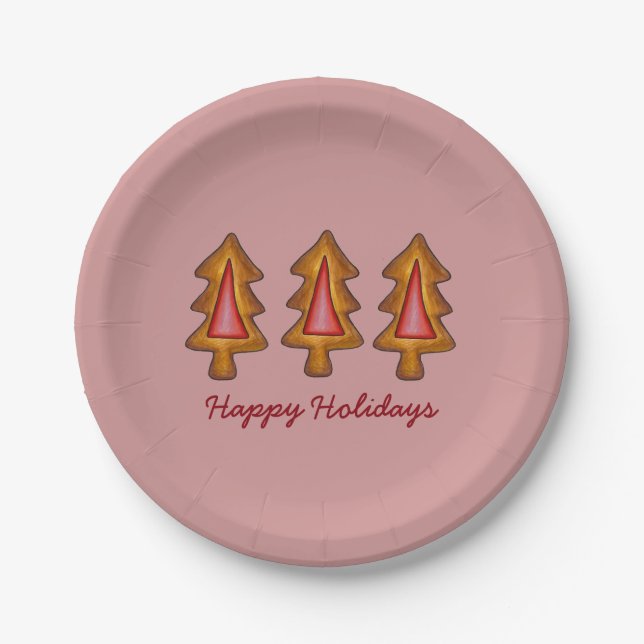 Happy Holidays Red Stached Glass Weihnachtsbaum Pappteller (Vorderseite)
