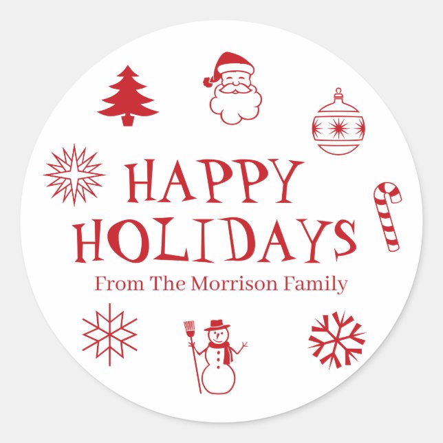 Happy Holidays Red White individuelle Name Gabe Gu Runder Aufkleber (Vorderseite)