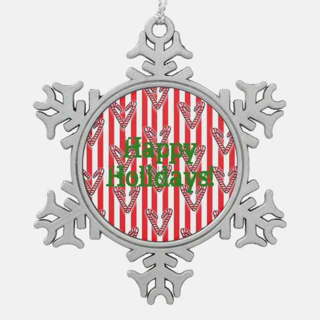 Happy Holidays Red White Stripes Dekoration Schneeflocken Zinn-Ornament (Vorderseite)