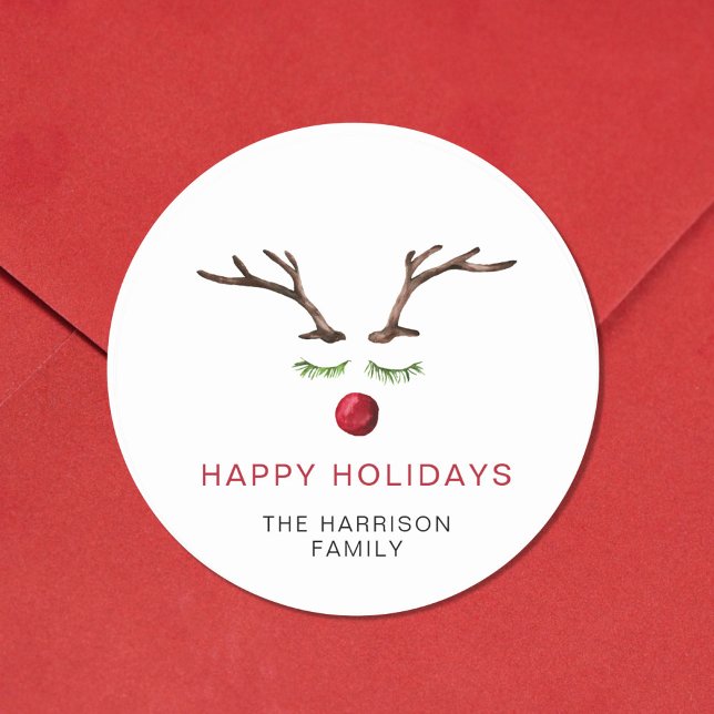 Happy Holidays Reindeer Watercolor Weihnachten Runder Aufkleber (Von Creator hochgeladen)