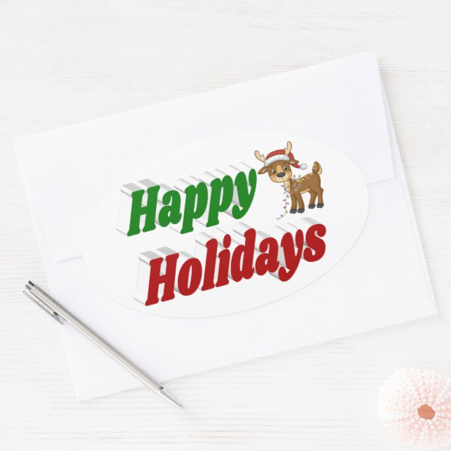 Happy Holidays Reindeer Weihnachtstypografie Ovaler Aufkleber (Umschlag)