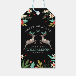 Happy Holidays Rentier Monogram & Festive Foliage Geschenkanhänger