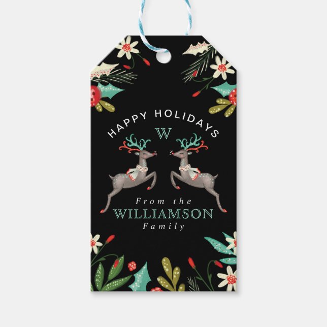 Happy Holidays Rentier Monogram & Festive Foliage Geschenkanhänger (Vorderseite)