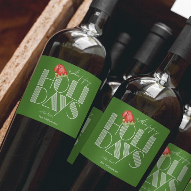 Happy Holidays Retro Typografy Green Weinetikett (Von Creator hochgeladen)