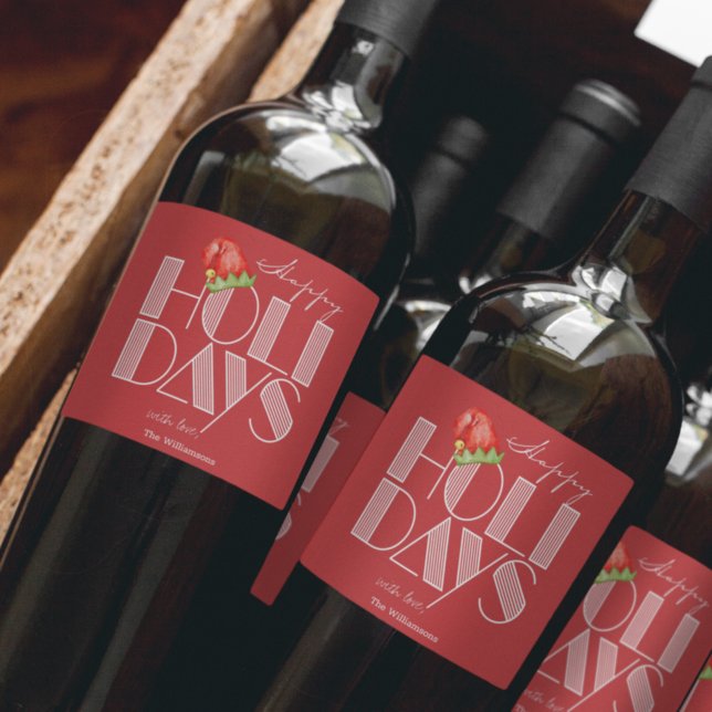 Happy Holidays Retro Typografy Red Weinetikett (Von Creator hochgeladen)