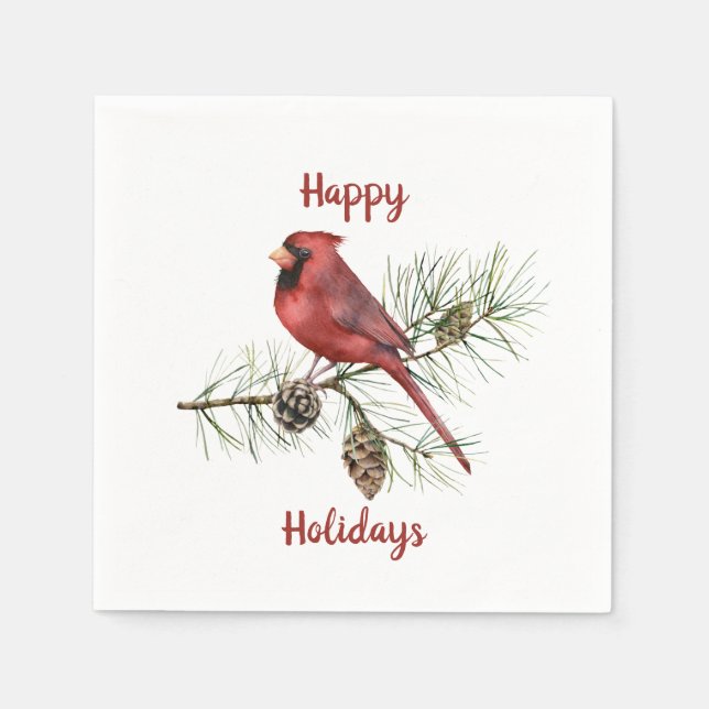 Happy Holidays Roter Kardinal Pine Branch Pine Con Serviette (Vorderseite)