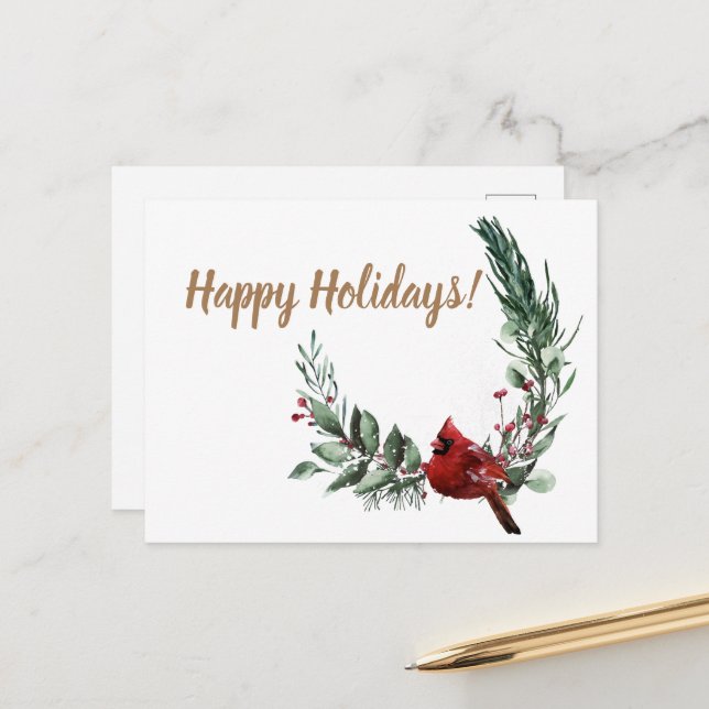 Happy Holidays roter Kardinal Postkarte (Vorderseite/Rückseite Beispiel)