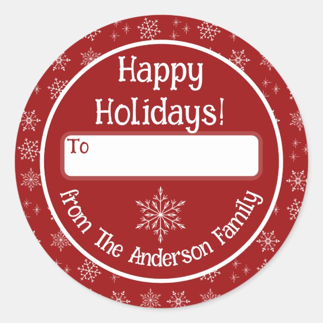 Happy Holidays Roter Sticker mit Schneeflocken (Vorderseite)
