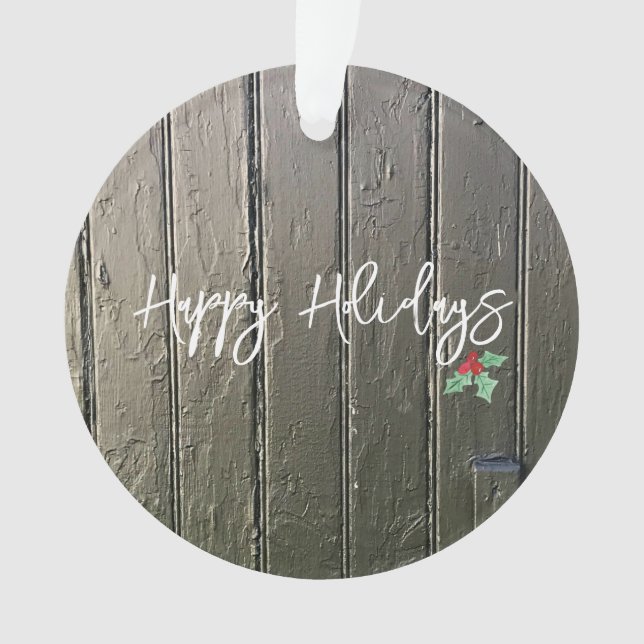 Happy Holidays Rustic Black Barn Door Holly FOTO Ornament (Vorderseite)
