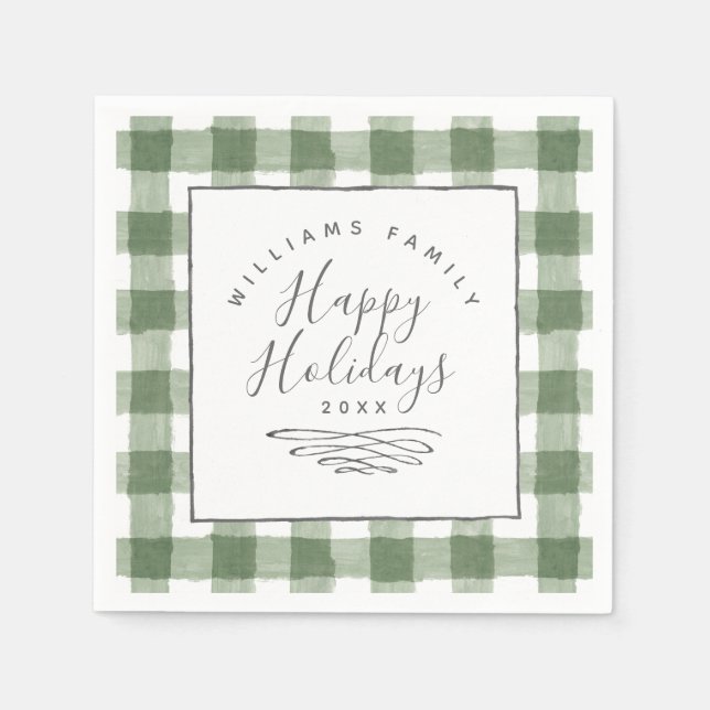 Happy Holidays Rustic Green Gingham Paper Napkin Serviette (Vorderseite)
