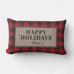 Happy Holidays Rustic Red Buffalo Kariert Burlap Lendenkissen