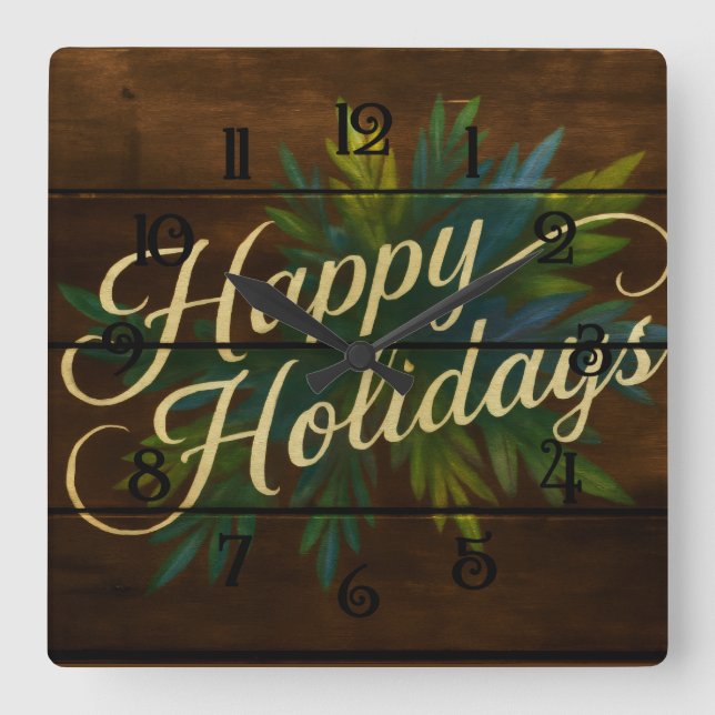 Happy Holidays Rustikale Holzplatten in blau gestr Quadratische Wanduhr (Vorderseite)
