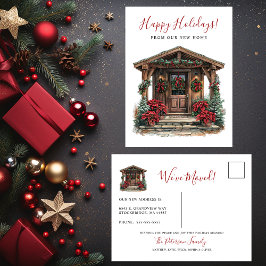 Happy Holidays Rustikale neue Zuhause Fronttür bew Ankündigungspostkarte