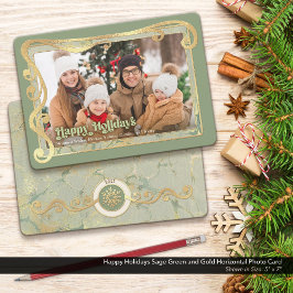 Happy Holidays Sage Green & Gold Foto Card Feiertagskarte