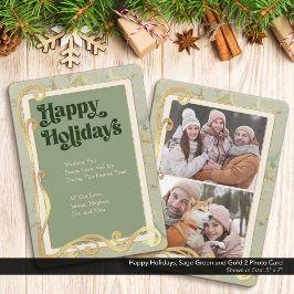Happy Holidays Sage Green und Gold 2 Foto Card Feiertagskarte