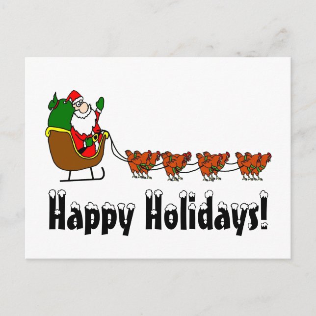 Happy Holidays Santa and Chickens Feiertagspostkarte (Vorderseite)