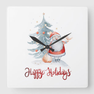 Happy Holidays,Santa Claus Pine Tree Quadratische Wanduhr