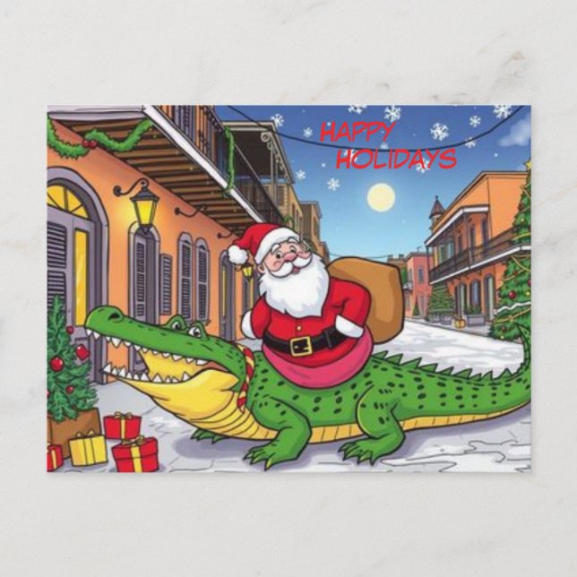 Happy Holidays Santa und Alligator Französisch Vie Postkarte (Vorderseite)