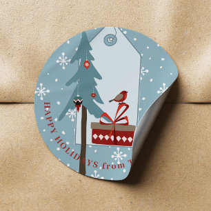 Happy Holidays Schneeflocken und ein Weihnachtsbau Runder Aufkleber
