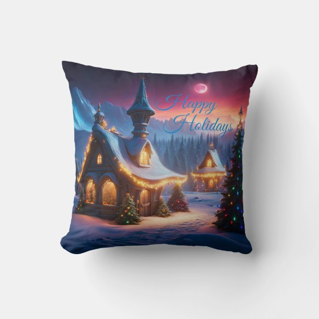 Happy Holidays Schneekabine und Weihnachtsbäume Kissen (Vorderseite)