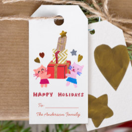 Happy Holidays schöne Katzen und präsentiert weiß Geschenkanhänger