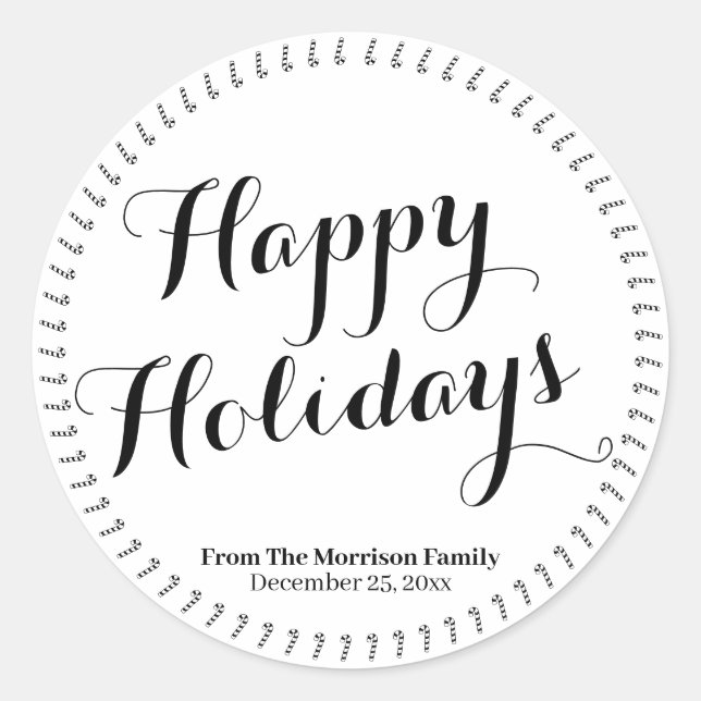 Happy Holidays Schwarz-weißer Script-individuelle  Runder Aufkleber (Vorderseite)