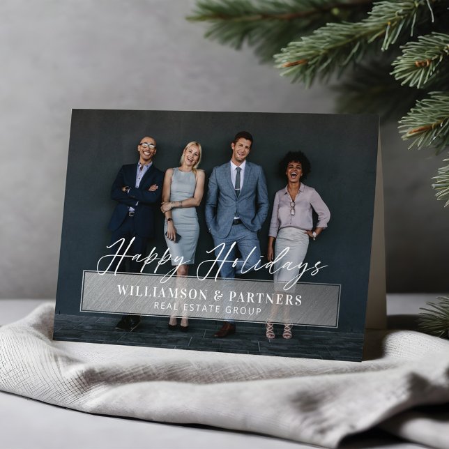 Happy Holidays Script Company Foto Silver Plaque Karte (Happy Holidays Script Company Photo Silver Plaque Card)