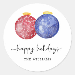 Happy Holidays Script Elegant Rotes Blau Ornamente Runder Aufkleber