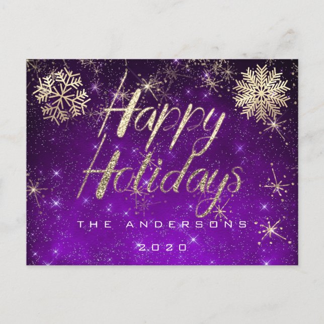 Happy Holidays Script Gold Snow Lila Spark Name Postkarte (Vorderseite)