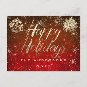 Happy Holidays Script Gold Snow Red Spark Name Postkarte