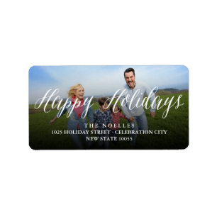 Happy Holidays Script Moderne Foto Rücksendeadress Adressaufkleber