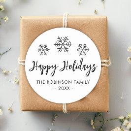 Happy Holidays Script Schwarz-weiß Snowflake Runder Aufkleber