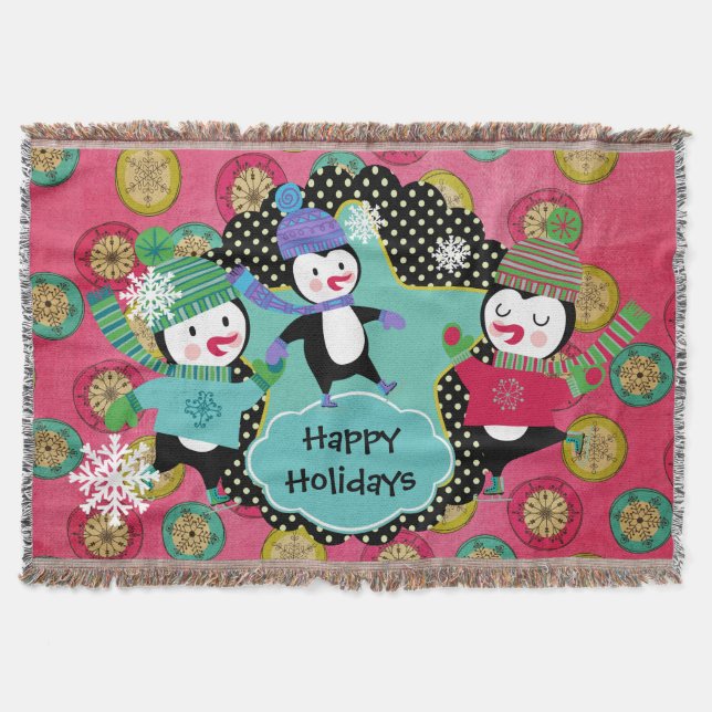 Happy Holidays Skaten Penguins Holiday Throw Decke (Vorderseite)