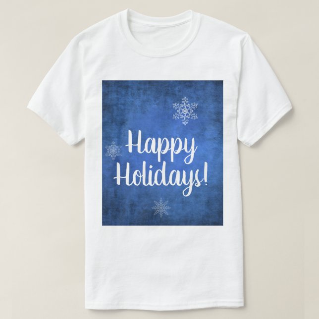 Happy Holidays Snowflakes auf blau T-Shirt (Design vorne)
