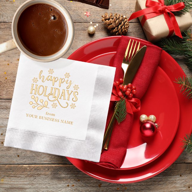 Happy Holidays Snowflakes | Holly Business Servietten Mit Folie (Festive "Happy Holidays" Snowflakes and Holly Family or Business Name Stamped Foil Napkins)
