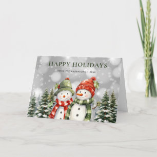 Happy Holidays Snowman Forest Poinsettia Holiday Karte
