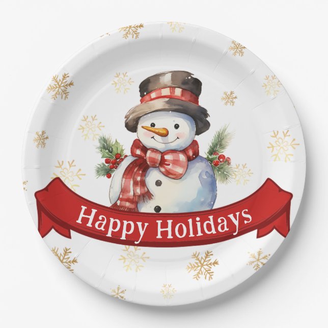 Happy Holidays Snowman Red & Gold Weihnachtsfest P Pappteller (Vorderseite)