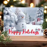 Happy Holidays Snowman Winterlandschaft Feiertagskarte<br><div class="desc">Mit dieser bezaubernden Karte mit einem niedlichen Schneemann in einem schneebedeckten Winterwunderland senden Sie Ihren Urlaubswünsche ein. Der festliche "Happy Holidays" Text in fett rot verleiht der Szene eine fröhliche Touch. Ideal,  um Freunden,  Familie oder Kollegen Freude am Urlaub zu bereiten.</div>