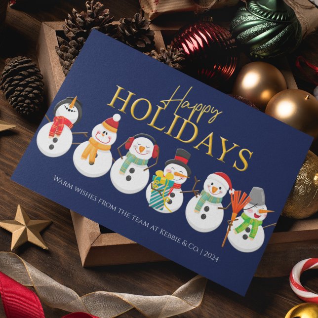 Happy Holidays Snowmen Blue Corporate Weihnachten (Customer Business Modern Snowman Corporate Christmas Holiday Card)